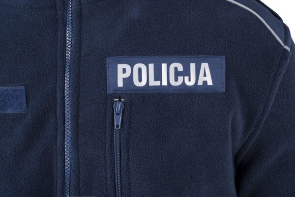 Polar policyjny granatowy, emblemat z napisem POLICJA na piersi